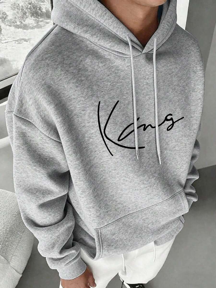 Men's Casual Fashionable Minimalist Letter Print Kangaroo Pocket Drawstring Hoodies, Thermal Lined, Autumn/Winter - Light Grey - View 1