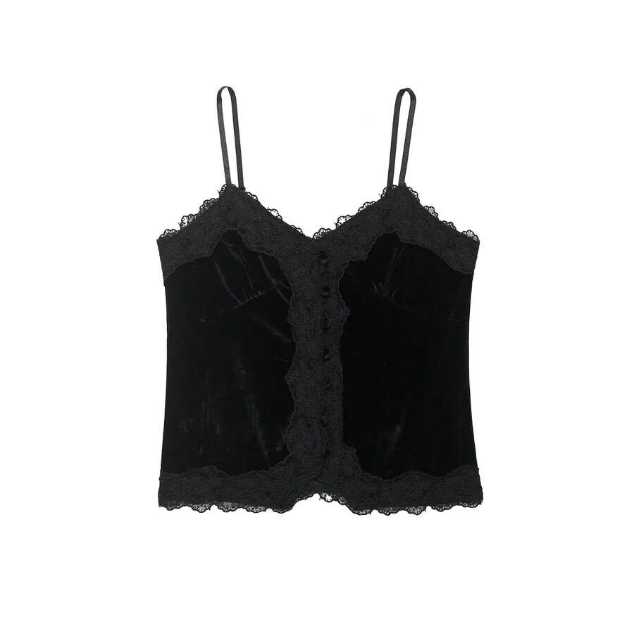 DEEKA Women's Fashion Lace & Velvet Patchwork Camisole, & Versatile, Spring/Summer - Black - View 1