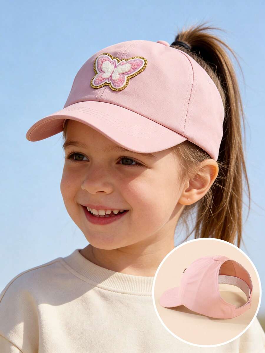 1pc Kids Butterfly Patch Baseball Cap, Summer Sports Ponytail Cap - 1PC - View 1