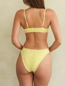 Womens Gingham Ruffle Swimsuit, Textured Waffle-Knit One Piece Swimwear, Retro Style Pool And Beach Holiday Bathing Suit - Yellow - View 5