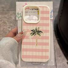 1 pieza Funda de teléfono con material TPU, fresca y suave, con diseño de árbol de coco a rayas en color rosa, compatible con iPhone 17 Pro Max/17/16 Pro Max/15/13/12/11, S20 FE/A15/S24/A55, Redmi Note 11/12/13 Pro, cobertura completa y protección suave anti-caídas - Blanco - Ver 1