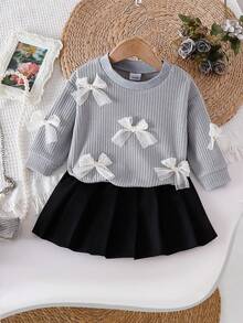 2pcs Baby Girls' Set, Light Gray Knit Top With Bow Accent Paired With Matching Mesh Skirt, Sweet, Cute, Retro Style, Autumn/Winter - Grey - View 1