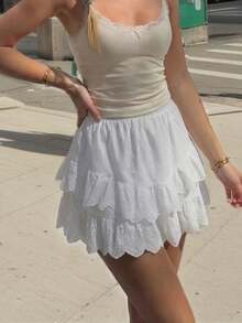 White Hollow Embroidered Ruffle Hem Mini Skirt | Elastic Waist Sweet Girl Skirt Suitable For Dates And Daily Wear - White - View 5