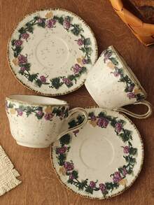 法式复古葡萄藤浮雕陶瓷杯碟套装，浅浮雕工艺，独特图案设计，咖啡杯碟，下午茶杯碟，饮料杯，拿铁杯，小吃盘，适合日常使用，家庭，餐厅，咖啡馆，适合作为礼物。 - 彩色 - 查看 10