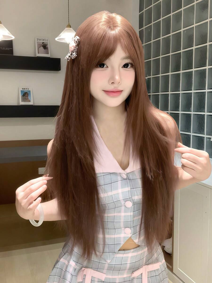 SHUDUO 1 Synthetic Heat-Resistant Straight Brown Wig, Made Of Fibers, Suitable For Daily Wear, Natural And Realistic (Accessories Not Included) - Brown - View 1