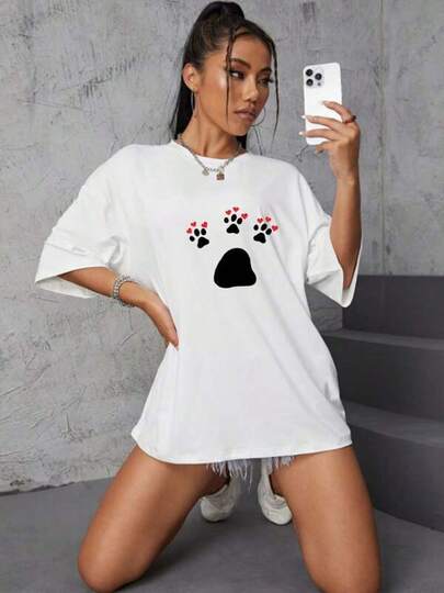 1pc Casual Algodón Camiseta para mujer Deportivo Apto para llevar en primavera verano otoño e invierno Camisetas para parejas con estampado de huellas de pata negra y roja diseño divertido y moderno