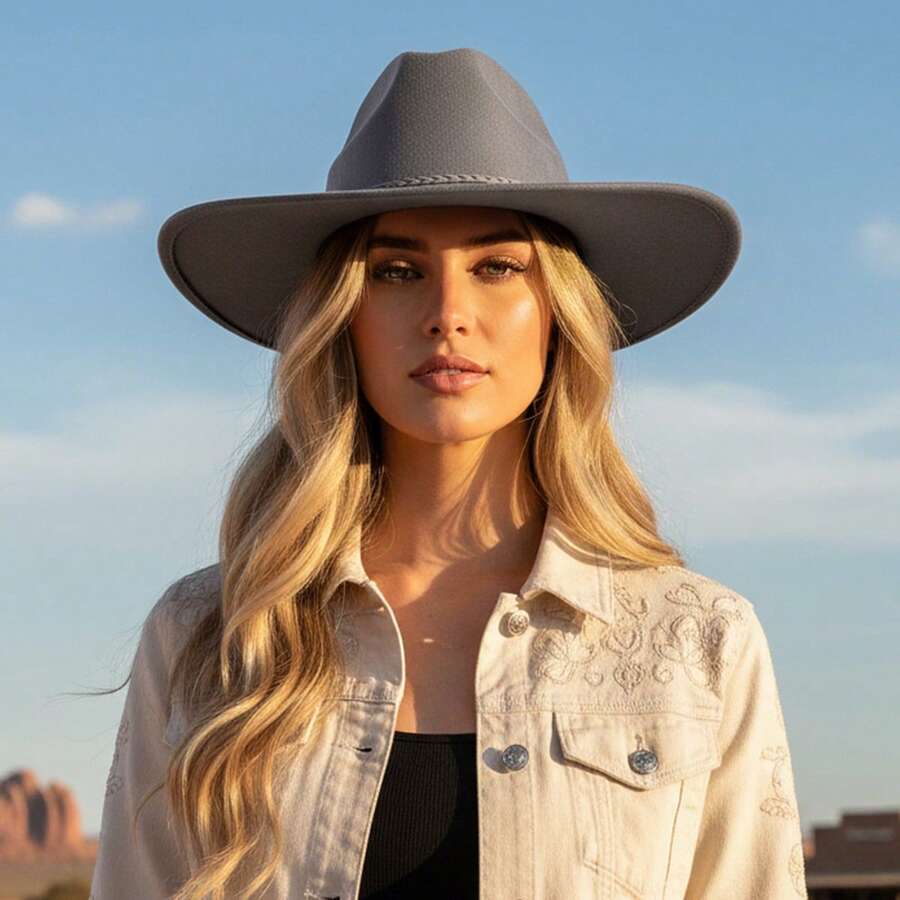 Sombrero de vaquera retro de gamuza para mujer y hombre, color liso, con borlas finas y ala ancha, estilo occidental para Ramadán - Gris - Ver 1