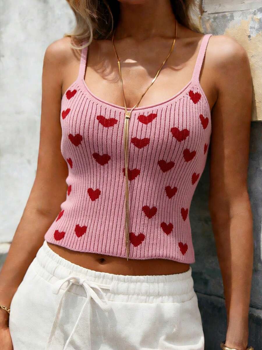 FOR BEAUTY Valentine's Day Pink Heart Pattern Knit Camisole, Fashionable Beach Outfit For Women, Spring/Summer New Arrival, Comfortable Casual Date/Beach Vacation Wear, Versatile Lightweight Knit Top For Daily/Commute - Pink - View 1
