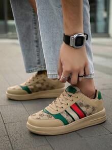 男士复古百搭随机印花字母条纹平底滑板鞋，时尚撞色拼接户外日常通勤系带增高软底休闲运动鞋 - 杏色 - 查看 6