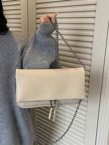 1pc New Women PU Leather Lizard Grain Chain Shoulder Bag, Simple Fashion Flap Square Crossbody Bag, Detachable Strap - White - View 5