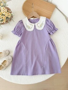Girls' Purple Jacquard Textured Summer Dress, Cute Floral Embroidery Peter Pan Collar Design, Loose Puff Sleeve, Sweet Vacation Style Princess Dress - Purple - View 8