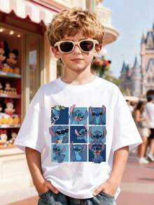 Disney Stitch And Bird Reading Print Summer Boys' Casual Cotton Crewneck Short Sleeve Shirt, Suitable For Everyday Wear, Travel, And Sports, Comfortable And Breathable, Stylish And Versatile, A Perfect Gift For Children. - trắng - Xem 1