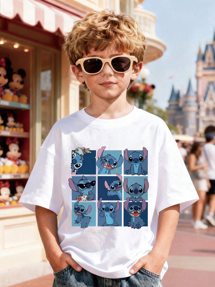 Disney Stitch And Bird Reading Print Summer Boys' Casual Cotton Crewneck Short Sleeve Shirt, Suitable For Everyday Wear, Travel, And Sports, Comfortable And Breathable, Stylish And Versatile, A Perfect Gift For Children. - trắng - Xem 1