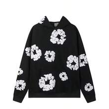 1pc Retro American Floral Foamed Print Hoodie Women's Fashional 350g 100% Polyester 3D Digital Printed Full Body Hoodie Sweatshirt Loose Winter Outerwear Fce Lined Couple Jaets  Fall/Winter  Spring/Fall    Loose    Pocket  Rib-Knit    Christmas  Halloween - 黑白衛衣 - 查看 1