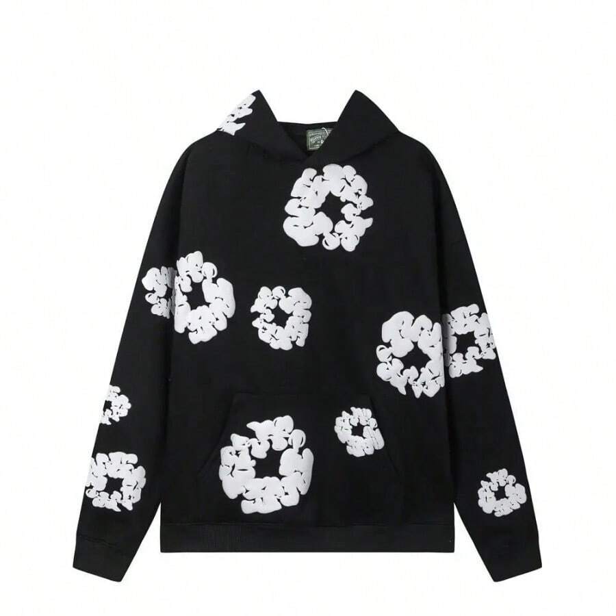 1pc Retro American Floral Foamed Print Hoodie Women's Fashional 350g 100% Polyester 3D Digital Printed Full Body Hoodie Sweatshirt Loose Winter Outerwear Fce Lined Couple Jaets Fall/Winter Spring/Fall Loose Pocket Rib-Knit Christmas Halloween - 黑白衛衣 - 查看 1