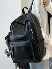 1pc Backpack With Pendant, PU Material, Large Capacity, College Style - Black - View 1