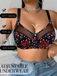 Plus Size Women Mesh Patchwork Sexy Comfortable Minimalist Racerback Bra - Black - View 3