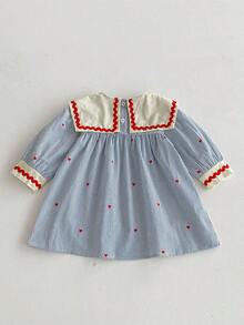 1件女童蓝色条纹刺绣帆船和爱心印花休闲连衣裙，时尚少女款，春季款 - 淺色水洗藍 - 查看 3