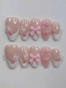 10片杏仁形甜美蝴蝶结美甲贴纸，可爱芭蕾舞风格，多功能高端手工美甲贴纸，适合日常佩戴，按压式美甲贴纸，假指甲，美甲用品，手工按压式美甲贴纸 - 彩色 - 查看 2