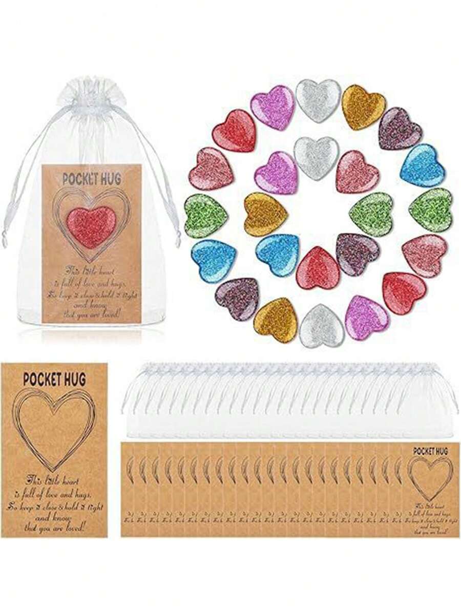 24张情人节心形图案贺卡、天然心形水晶拥抱卡、口袋心形宝石、纪念交换礼物 - 彩色 - 查看 1