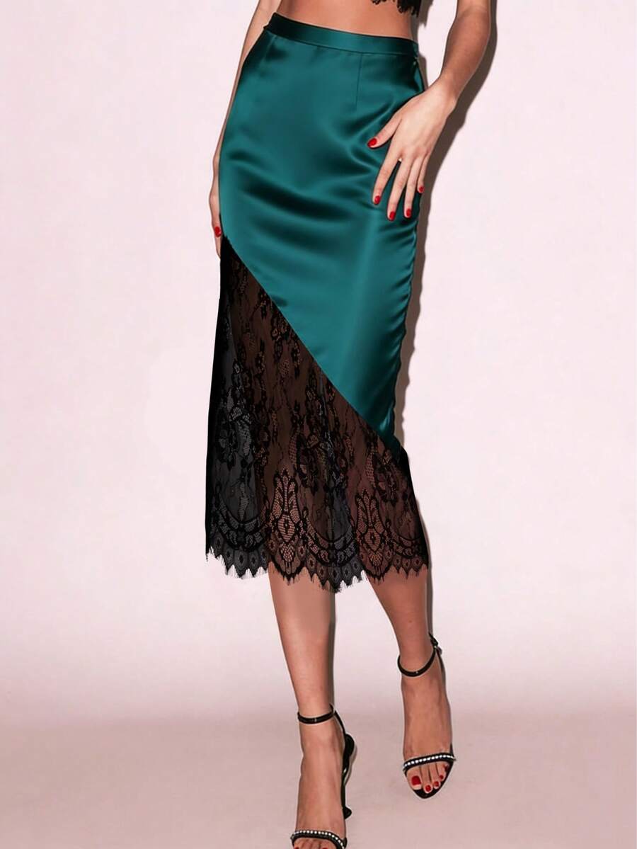 Elegant French Luxury Style Satin & Contrast Lace Knee-Length Skirt, Fashionable Spring/Summer - Green - View 1
