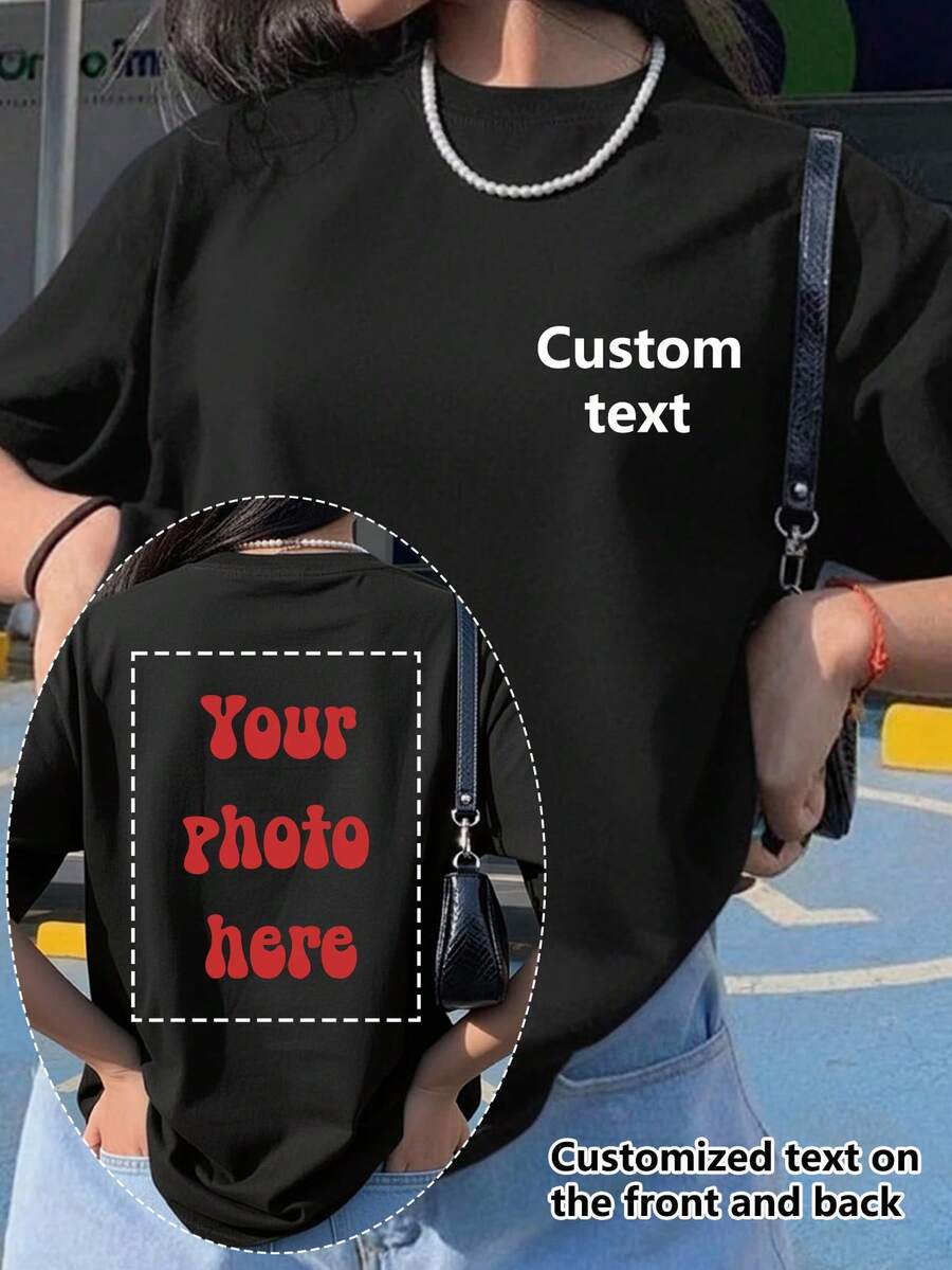 Customized Personalized Women's T-Shirt, Add Your Own Text And Photos (Slogan/Quote/Attitude/Life Motto/Family Photo/Selfie/Pet Photo/Friend Photo) And Design Your Unique Pattern - Black - View 1