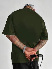 男士字母和卡通人物印花圆领短袖休闲T恤 - 軍綠色 - 查看 2