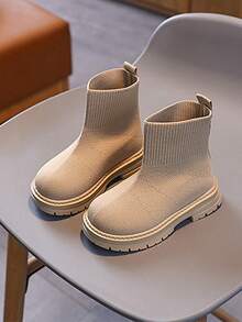 Un par de Liso Casual Tejido de Lana Detalle de Cremallera Trasera Botines de Niño Para Jugar y Salidas Familiares Otoño e Invierno Suela Gruesa Antideslizante - Caqui - Ver 2