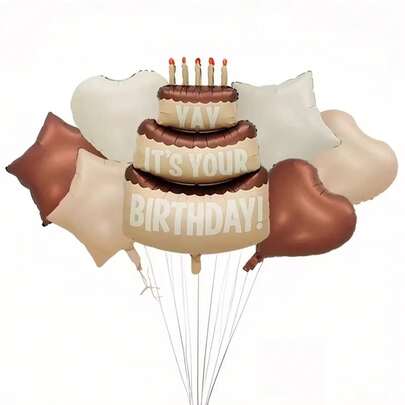 13 Pack Large 3-Tier Happy Birthday Cake Balloons Set With 18inch Coffee Cream Beige Foil Star & Heart Balloons For Birthday Party Decorations, Festival Party Supplies