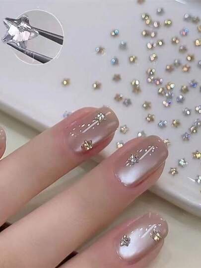 20pcs Sparkling Zirconia Nail Gems, Assorted Champagne & Silver Tone Miniature Star Shaped Nail Art Decorations, Versatile & Elegant For Autumn/Winter Nails Nail Supplies
