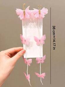 2个粉色珍珠蝴蝶编织发链发夹，适合小女孩，仙女般甜美的流苏编织发圈，适合女孩发夹，公主发饰（纸卡仅供展示） - 蝴蝶編髮鏈 - 查看 6