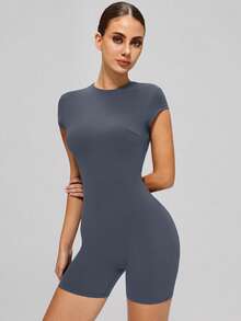 MASKERT Women's Round Neck Short Sleeve Jumpsuit, Tight Fit Backless Slimming Jumpsuit For Fitness, Yoga, Gym, Running, Training, Sports - Blue - View 8