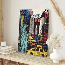 1pc Vintage New York Skyline Canvas Art Prints - Statue Of Liberty Wall Decoration, Vintage New York City Landscape Posters With Iconic Green Statues And Yellow Taxis, Canvas For Bedroom, Dormitory Or Gallery, Dormitory Room Decoration | Art Wall Decoration | Classic Decorative Style Vintage Frameless Wall Arts Posters - Multicolor - View 3