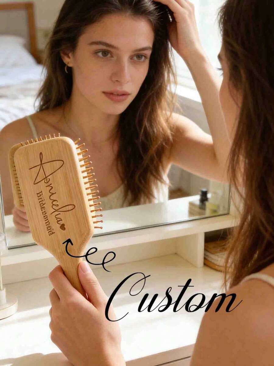 1pc Custom Carved Air Cushion Bamboo Comb, Personalized Wooden Comb, Personalized Hair Brush With Name, Customized Bamboo Hairbrush, Customizable Bamboo Hair Comb For Women, Custom Hair Brush, Anti-Static, Scalp Massager, Personalized Gift - Multicolor - View 1