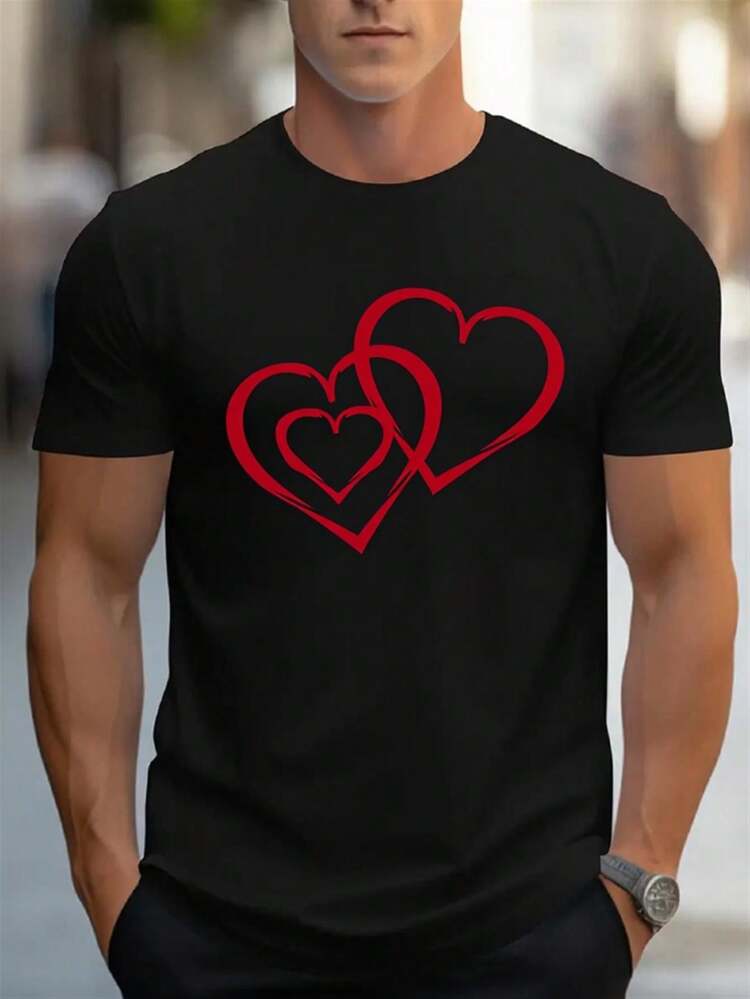 Camiseta ajustada para hombres con estampado de doble corazón rojo - Tema de amor de San Valentín, manga corta, cuello redondo, atuendo casual y de cita - Regalo romántico para novio o esposo - Camiseta cómoda y lavable a máquina, diseño de 2 corazones para moda de verano - Negro - Añade 7