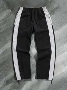 Mens Side-Stripe Pants - Polyester Fabric Relaxed Tapered Fit | Spring Summer Stylish  For Daily Streetwear & Casual Outings (Retro Sporty Urban Style) - 黑色 - 查看 1