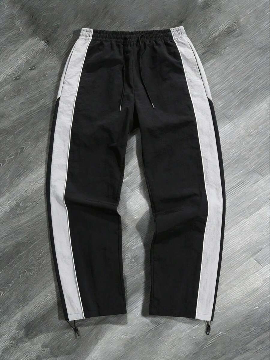 Mens Side-Stripe Pants - Polyester Fabric Relaxed Tapered Fit | Spring Summer Stylish  For Daily Streetwear & Casual Outings (Retro Sporty Urban Style) - 黑色 - 查看 1