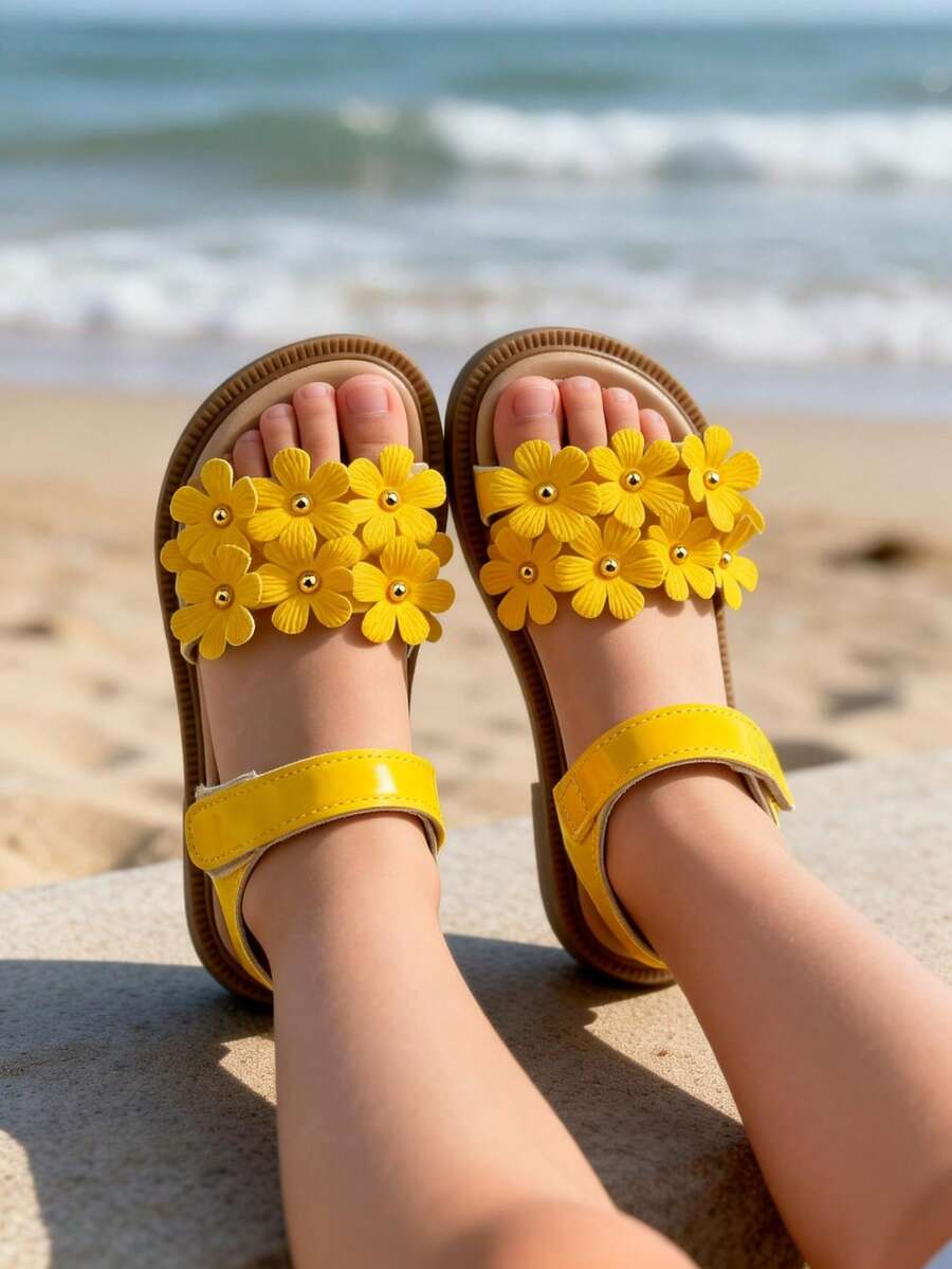 1 Pair Children's 3D Flower PU Leather Lightweight Open-Toe Flat Sandals, Cute Style Suitable For Daily Outings Or Kindergarten Wear - Yellow - View 1