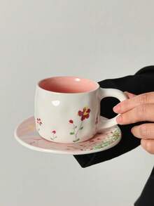 1pc Hand-Painted Floral Pink Ceramic Coffee Cup & Saucer Set, Elegant Sakura Sunset Pattern Coffee Cup & Saucer - Multicolor - View 4