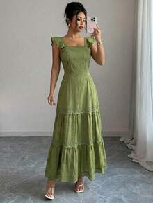 Elegant Women's Maxi Dress, Fitted At The Waist And Flared, With A Square Neckline, Puff Sleeves, And Delicate Embroidery. Made From A Medium-Stretch Fabric, Ideal For Summer. - Màu xanh Ô liu - Xem 2
