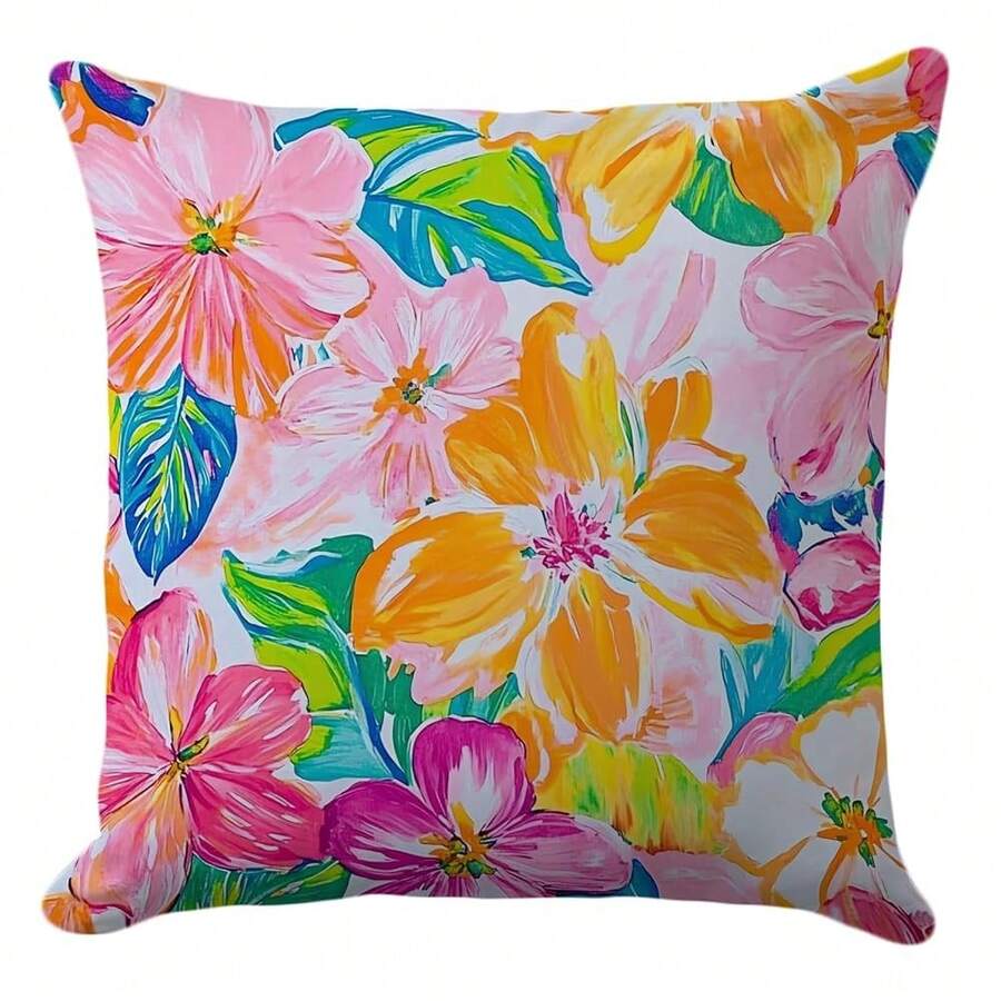 Floral Pillow Cover 18x18 – Tropical Orange And Pink Flower Throw Pillow Case – Colorful Summer Cushion For Coastal Living Room, Outdoor Patio Or Beach House Decor - 橙粉紅色 - 查看 1