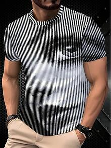 3D Digital Print Men's Short Sleeve T-Shirt, Black & White Gradient Striped Abstract Pattern, 3D Visual Effect Streetwear, Loose Breathable, Summer Casual, Street Fashion Design - Multicolor - View 4