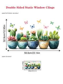 1 Peça Adesivo de Janela com Planta em Vaso Verde Pendurada, Adesivo de Janela com Planta Verde Tropical, Adesivo de Parede Removível com Cenário de Vaso de Cacto e Borboleta, Adesivo Decorativo Autocolante, Adequado para Decoração de Parede do Quarto, Sala de Estar, Escritório, Cozinha, Decoração Doméstica - Multicolorido - Visão 10