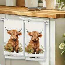 农舍高地牛图案厨房毛巾礼品，超强吸水卡通图案，可机洗重复使用，适用于家庭、厨房、浴室、汽车、窗户清洁 - 柔软针织抹布