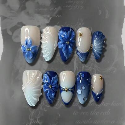 24片杏仁形复古蓝百合泡泡条纹珍珠优雅美甲贴纸，可移除，适合日常、工作、约会，可作为女性礼物，包含1片果冻胶+1个指甲锉，美甲用品