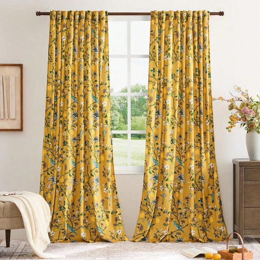Mustard Yellow Luxury Velvet Floral Curtains 84 Inches For Living Room, Vintage Victorian Botanical Blackout Curtain Drapes, 2 Panels Mid Century Art Deco Bird Flower Window Curtains For Bedroom - Nhiều màu - Xem 1