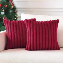 Set Of 2 Or 1pc Comfortable Thick Striped Plush Pillowcase, Soft Decorative Square Throw Pillow Covers, Suitable For Various Occasions Such As Bedroom Bedding, Home Decoration, Sofa Decoration, Camping, Outdoor, Etc - Burgundy - View 2