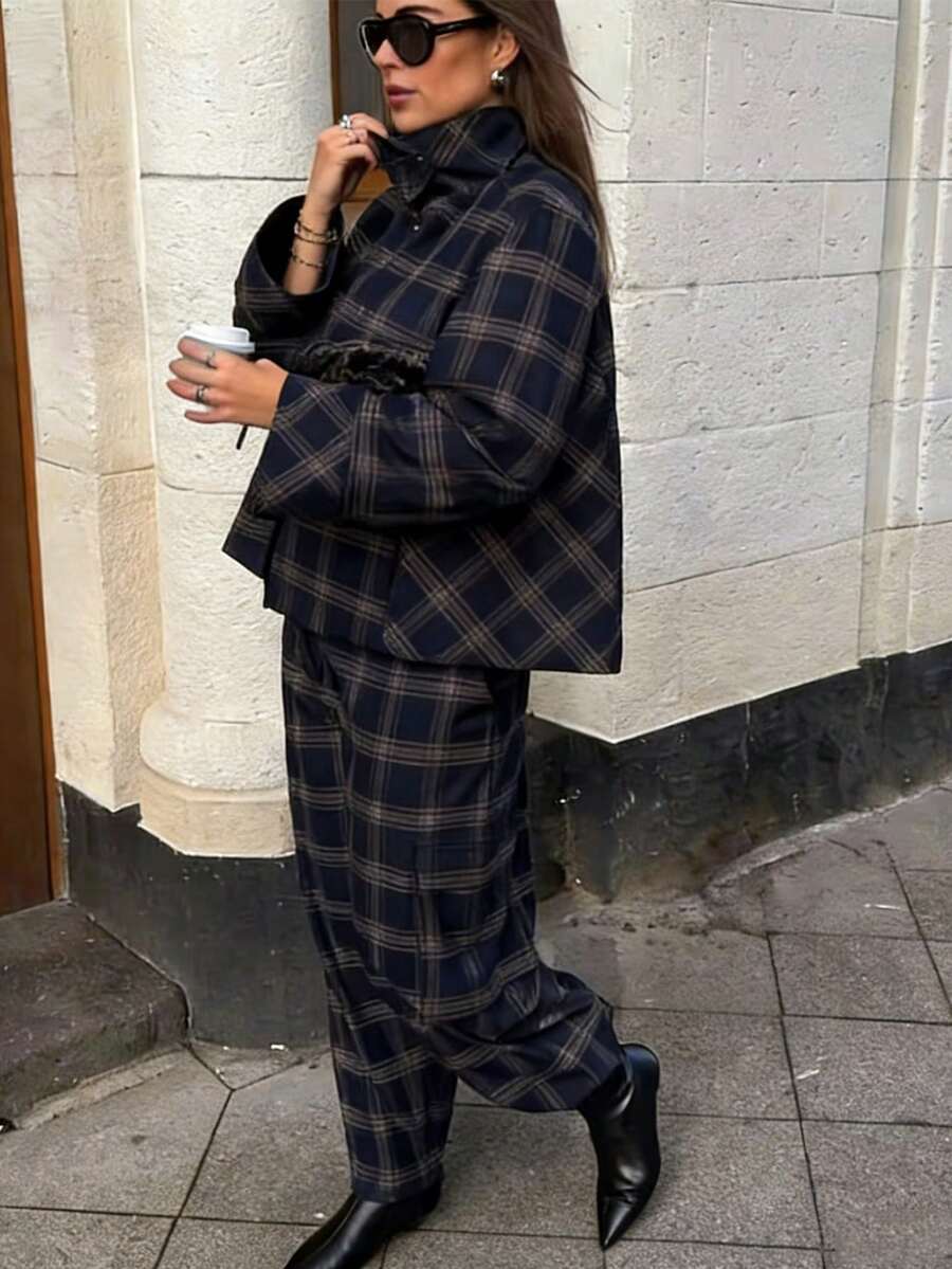 女士高街连帽格子裤套装 春季时尚翻领外套 休闲长袖女式两件套 女装 - 藍色 - 查看 1