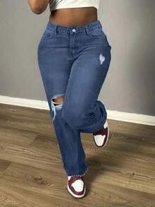 Women's Casual Loose Straight Leg Jeans, Paired With Distressed Decorations, Suitable For All Seasons, Suitable For Daily Outings, Parties, Back To School Season, Back To School Season, Rural Concerts,Winter Clothes For Women New Years Outfit Women Vacation Outfits Women Birthday Dresses For Women Y2k Pants Baggy Jeans Women - 深藍 - 查看 4