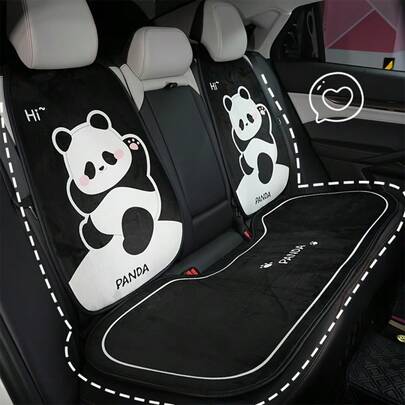 Fundas de asiento de coche de peluche de panda - Diseño de dibujos animados lindo con motivos de abrazo y corazón, se ajustan a protectores de asiento suaves y cálidos para el invierno para automóviles, accesorios de interior de automóvil cómodos, tela de alta calidad